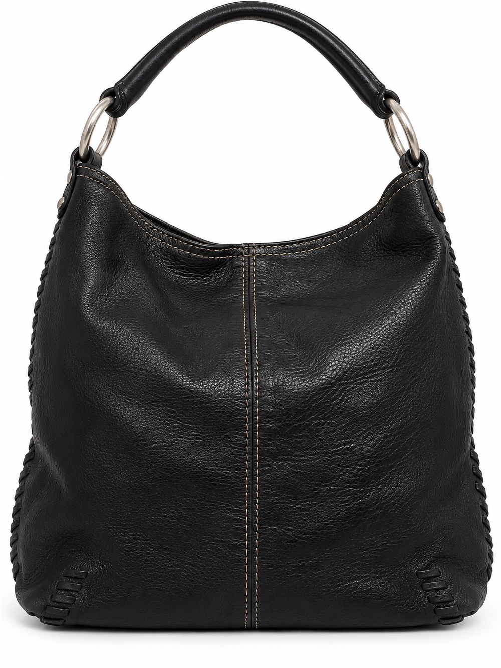 Lucky Brand Black Leather Hobo Bag Whipstitch Slouchy Shoulder Purse
